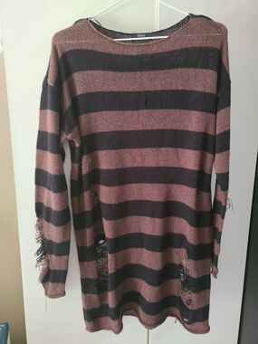 Social Collision Striped Distressed Crewneck Sweater - Dusty Rose & Black